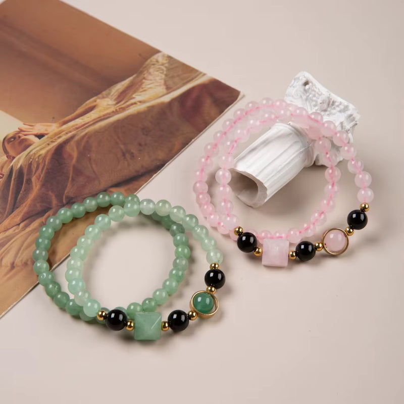 Trendy 6mm Natural Rose Quartz Crystal Bracelet Set Handmade Pyramid Shaped Ball Beaded Stretch Bracelets 2pcs Healing Stone