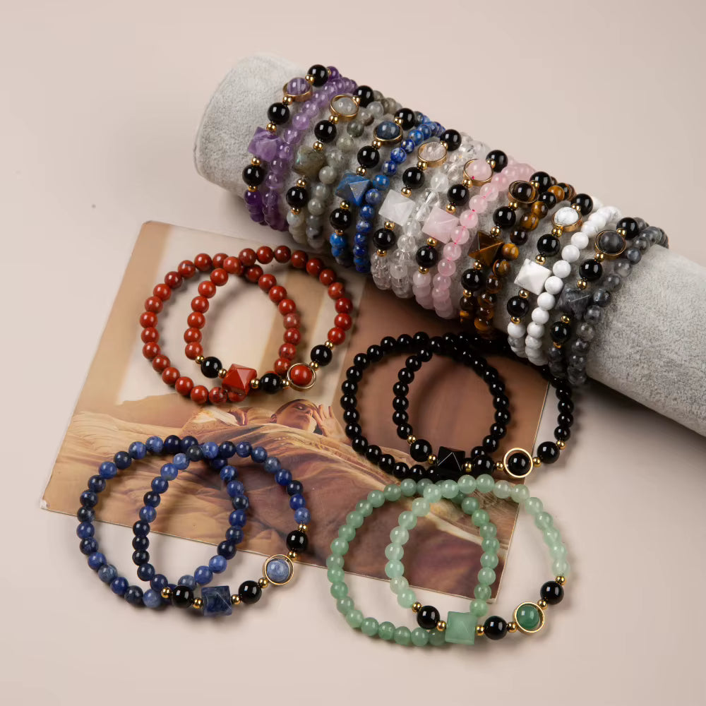Trendy 6mm Natural Rose Quartz Crystal Bracelet Set Handmade Pyramid Shaped Ball Beaded Stretch Bracelets 2pcs Healing Stone
