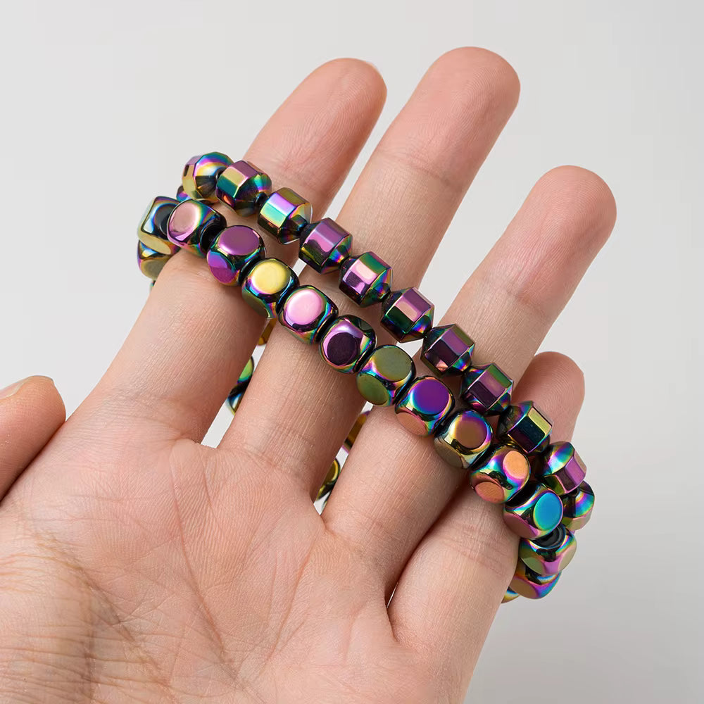 Custom Beaded Bracelets Colorful Electroplated Hematite Energy Restore Health Therapy Elastic Bracelet for Men Women